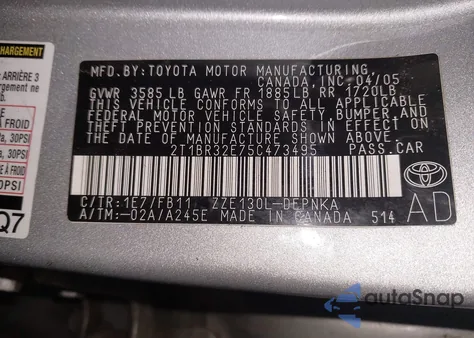 2005 Toyota Corolla Le z USA, uszkodzony, nr VIN 2T1BR32E75C473495